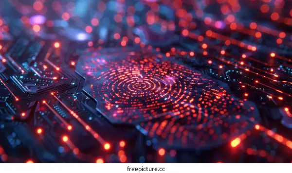 Red glowing circuit board with fingerprint scanner