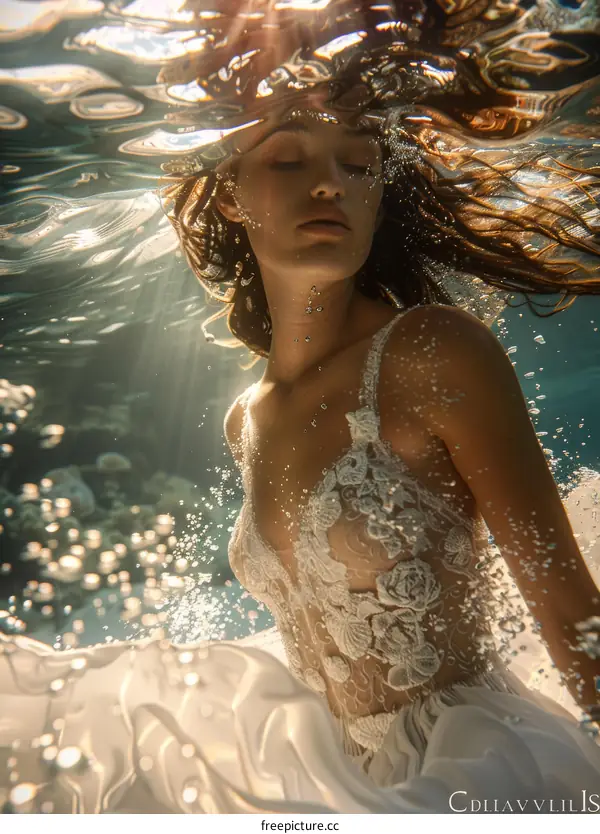 Woman Underwater Wearing White Dress with Sunlight Shining Through the Water