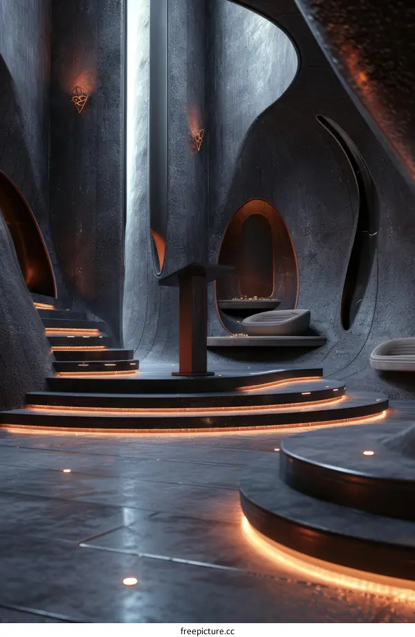 Futuristic church interior with glowing orange lights