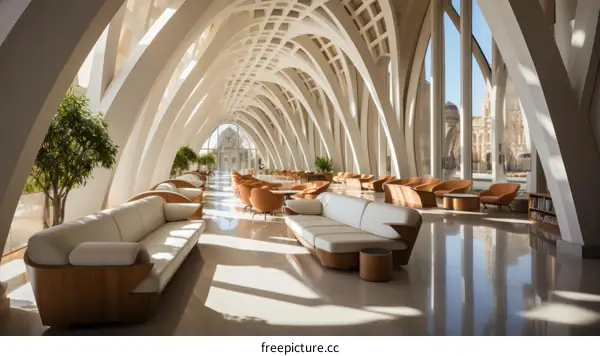 Futuristic Lobby with Modern Furniture and Large Glass Windows