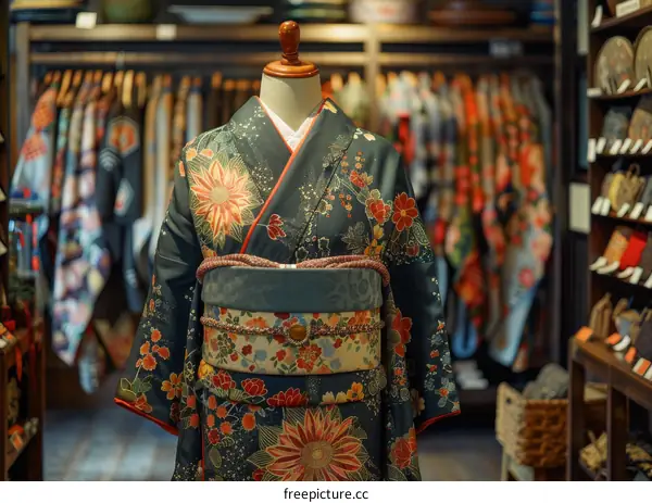 A kimono displayed in a traditional Japanese shop