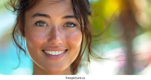 portrait of a smiling young woman with freckles
