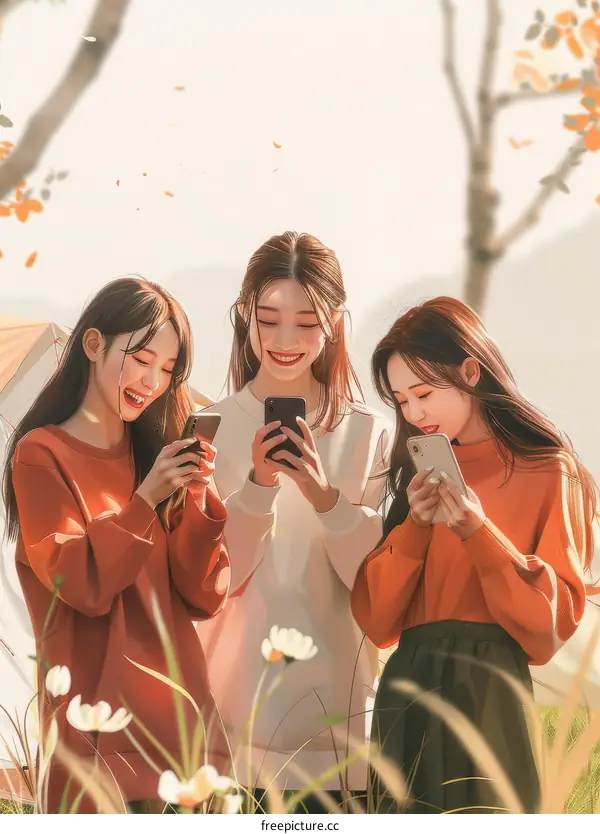 Three Asian friends looking at their phones in a field of flowers