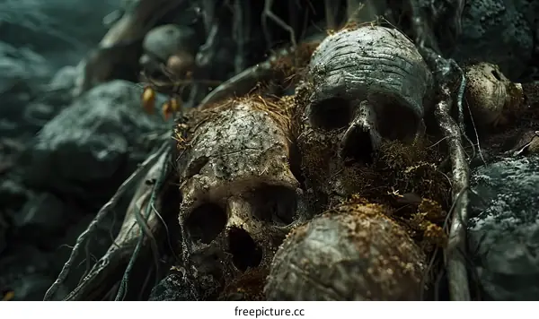 A pile of skulls in the jungle