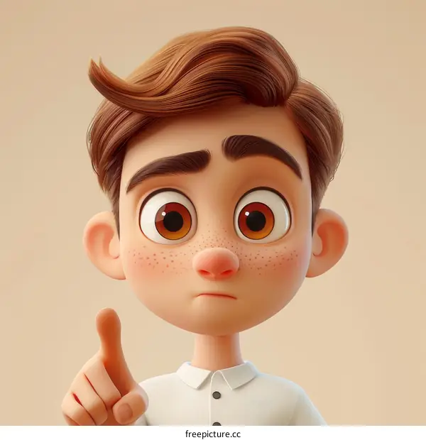 A young boy with brown hair and freckles is pointing his finger