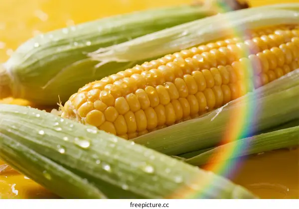Fresh yellow corn on the cob with green husk and raindrops