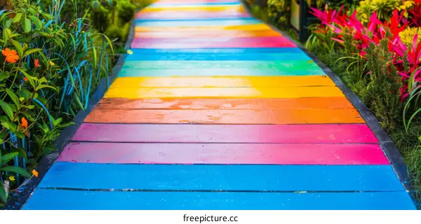 Rainbow colored walkway in a lush green garden