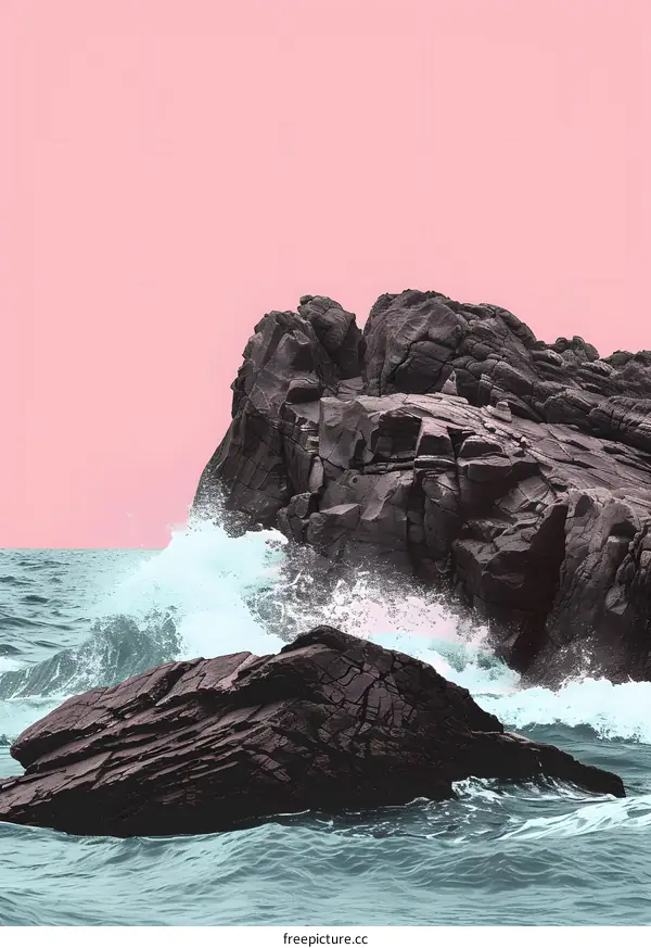 Ocean Waves Crashing Against Rocks With Pink Sky