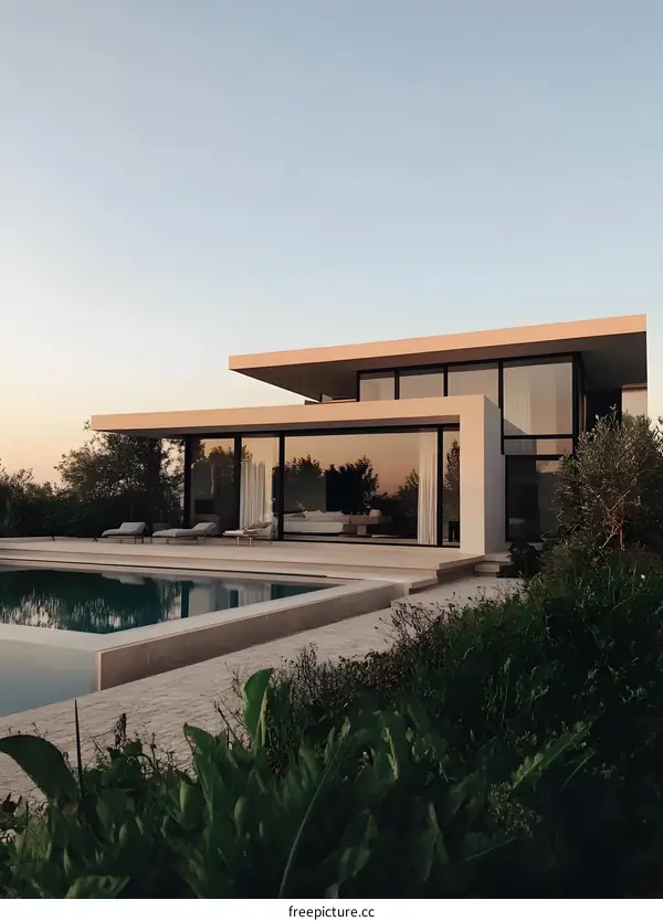 Modern Architecture with Pool and Lush Greenery