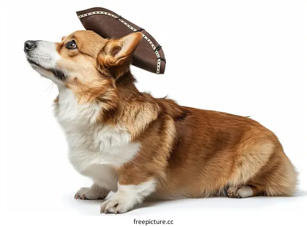 A cute corgi dog wearing a pirate hat