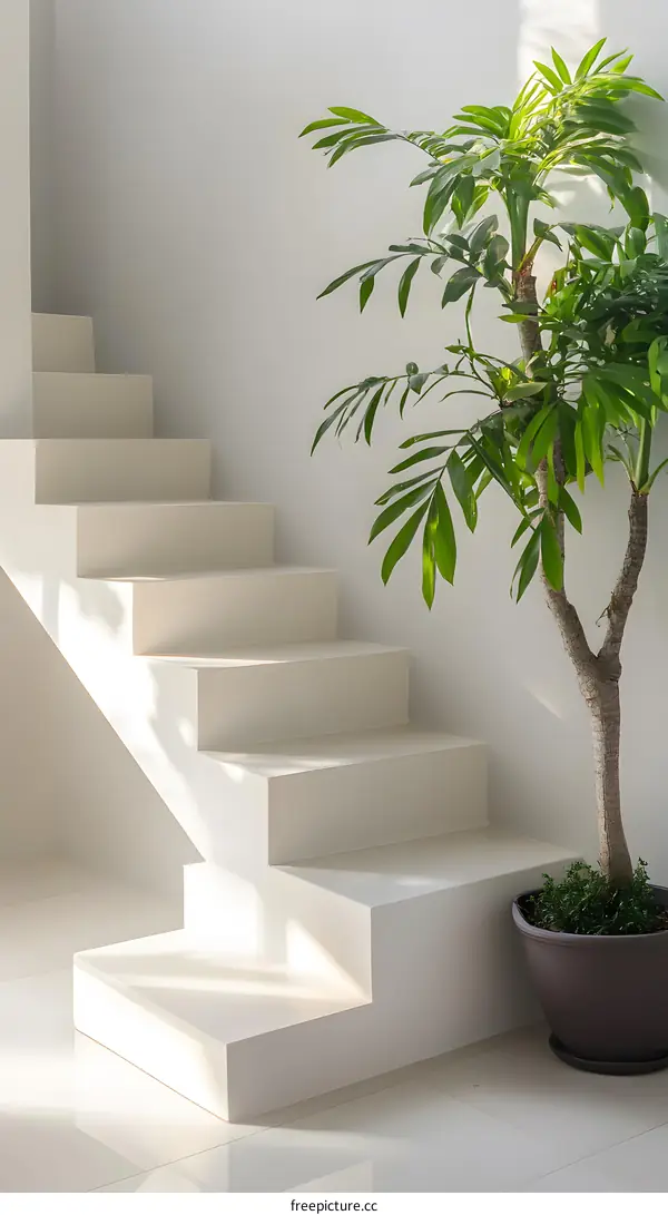 White Stairs With Green Plant In Pot