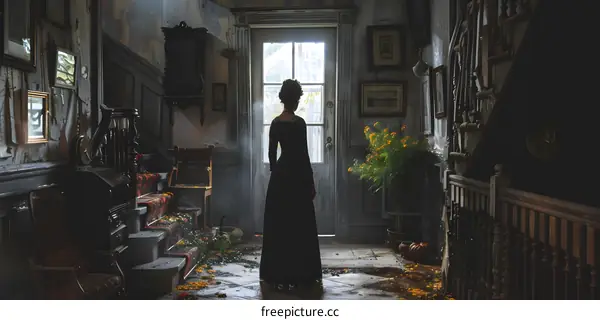 Woman in a long black dress standing in a dark hallway