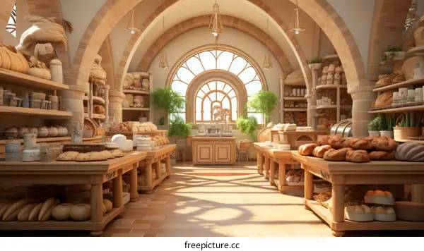 Bakery Shop Interior with Display Shelves of Bread and Pastries