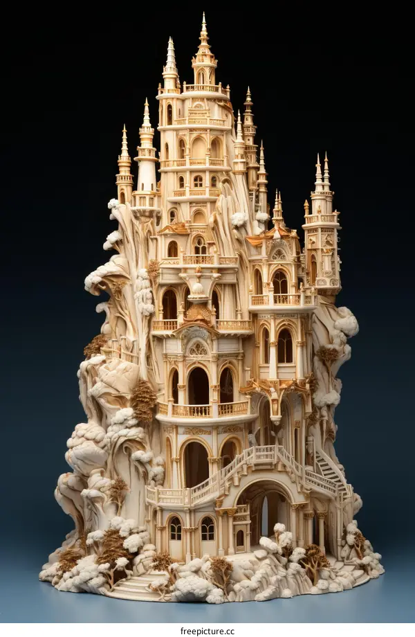 An illustration of an ivory castle with intricate details and carvings
