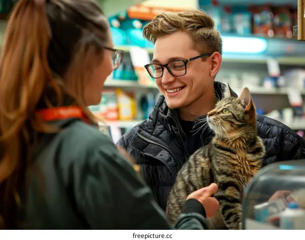 Smiling man and woman with cat in pet store