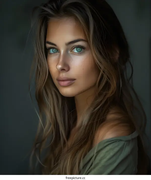 Portrait of a Beautiful Young Woman with Long Blonde Hair and Blue Eyes