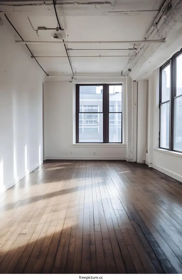 Empty Room with Large Windows and Wooden Floors