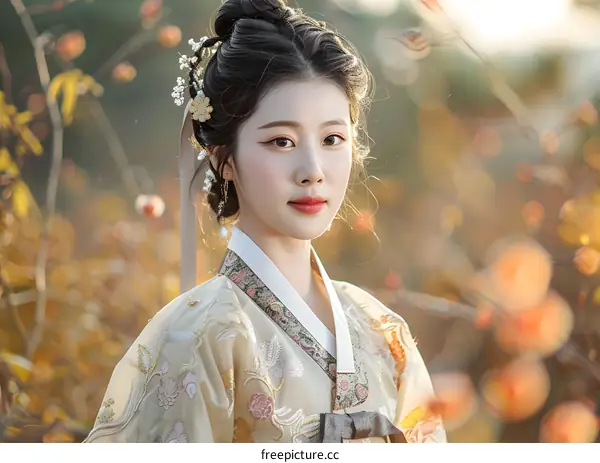 Beautiful Korean Woman Wearing Traditional Hanbok Dress