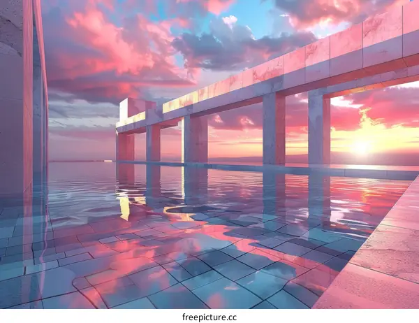 Modern Architecture with Infinity Pool in Pastel Sunset