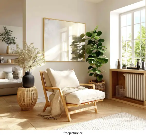 Modern Scandinavian Style Living Room with Wooden Chair