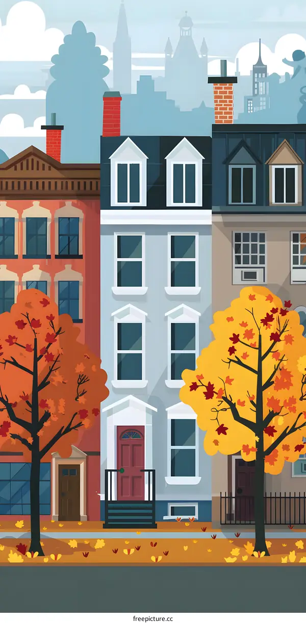 Autumn Cityscape with Colorful Leaves and Houses