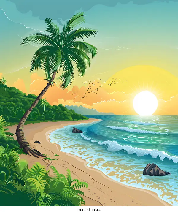 Tropical Beach Sunset Landscape Illustration