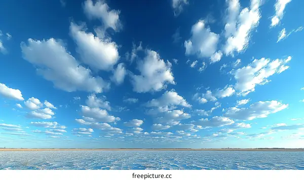 Blue sky with white clouds and a frozen lake