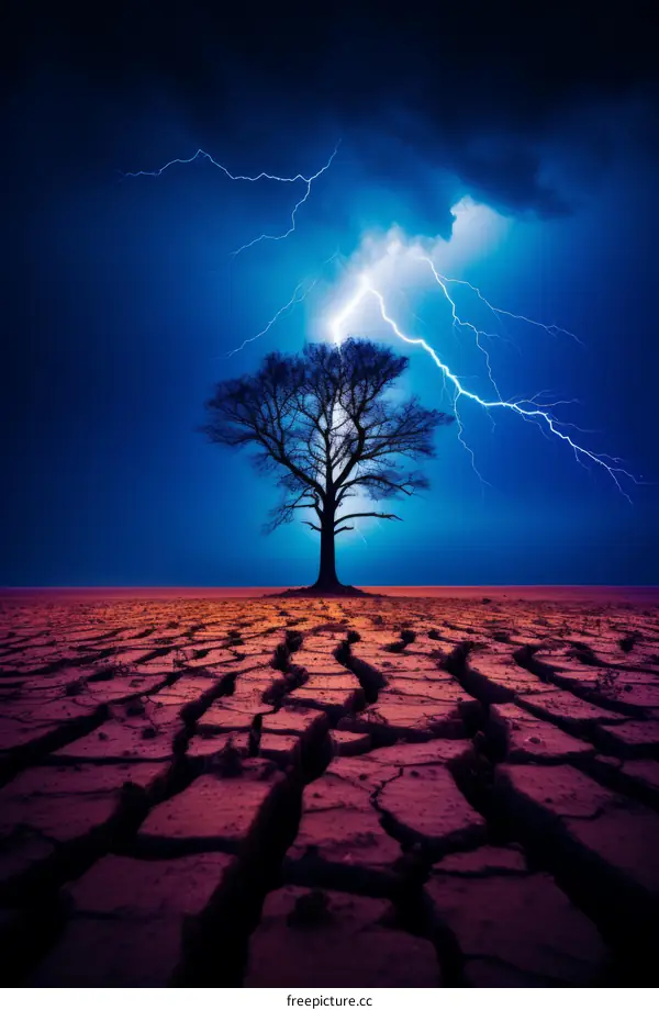 A tree stands alone in a field during a lightning storm