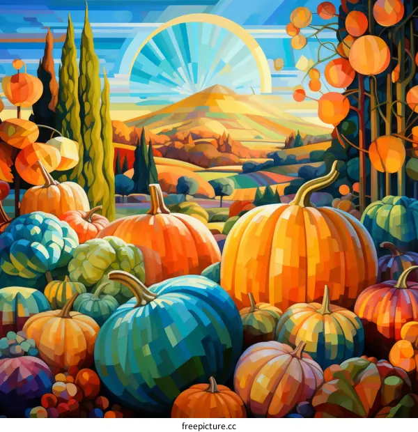 A Colorful Digital Painting of Pumpkins in a Field