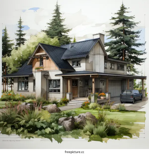 A Modern Farmhouse with a Black Metal Roof and a Porch