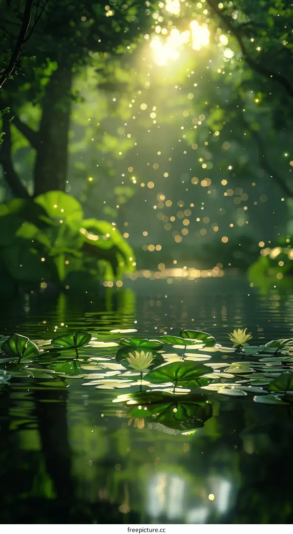 Green leaves and white flowers on the water with sunlight