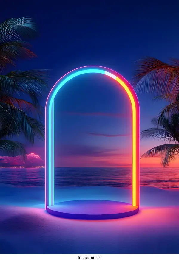 Neon Archway On The Beach At Sunset