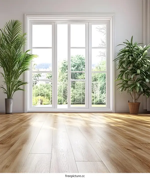 Modern White Interior Design With Hardwood Floor and Large Windows