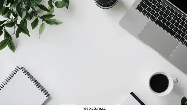 Simple Workspace with Laptop, Notebook, and Plants