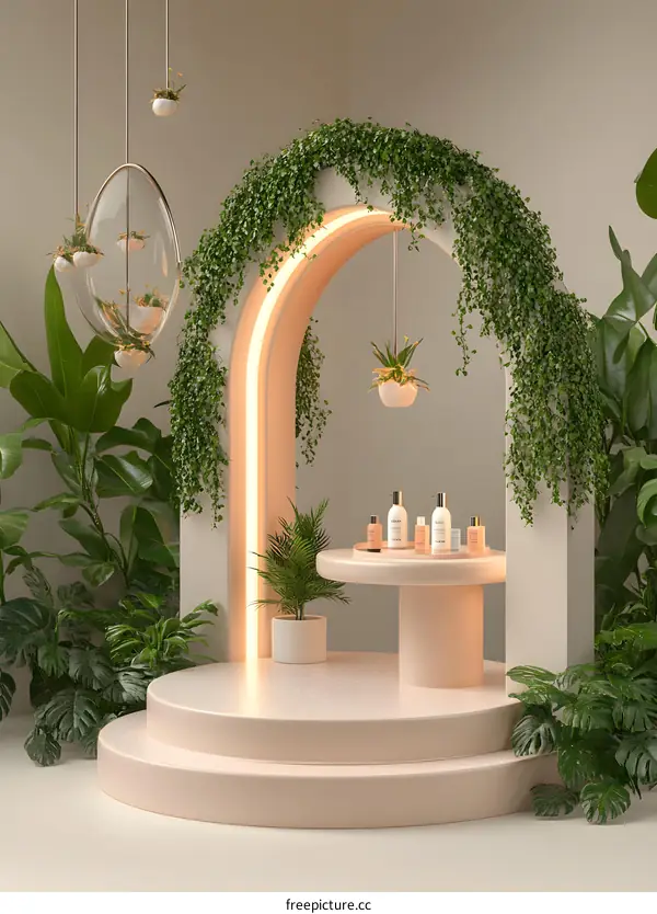 Minimalist 3D Render of a Product Display With Plants