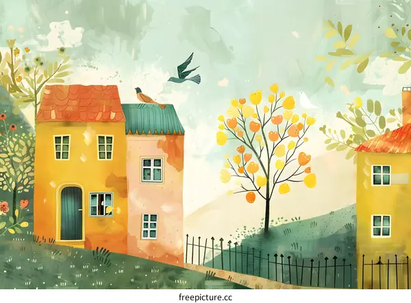 Colorful Watercolor Illustration of a Small Town Landscape