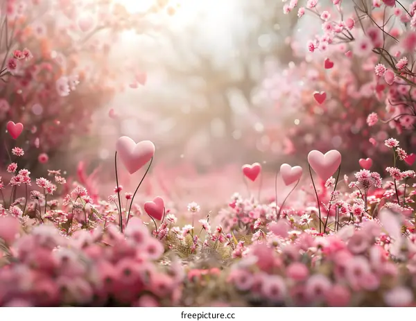 Pink flowers and heart-shaped balloons