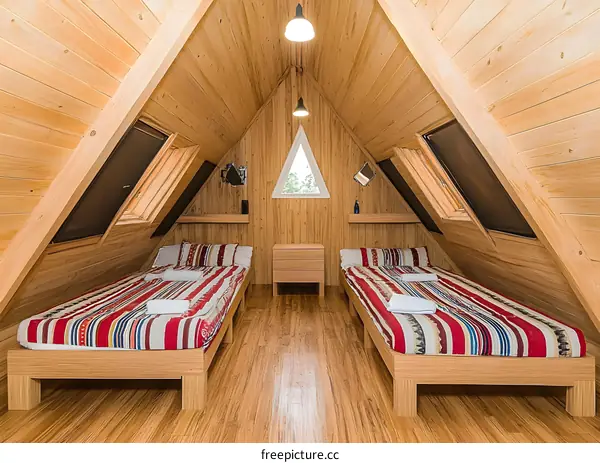 Wooden Cabin Interior with Two Beds and Triangular Window