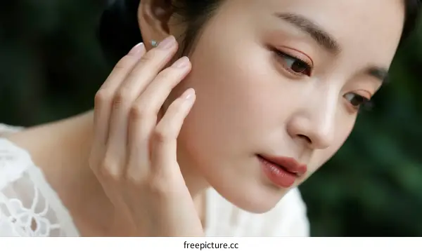 A young woman with elegant makeup touching her ear gently outdoors