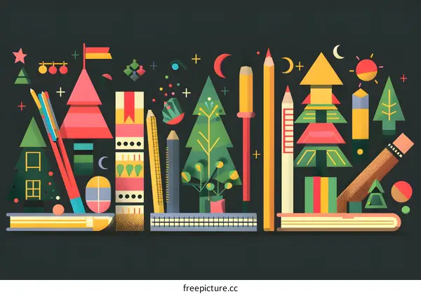 Colorful Flat Design Illustration of School Supplies with Christmas Trees