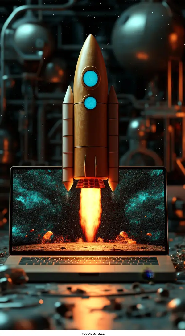 Rocket Launch on Laptop Screen in Futuristic Setting