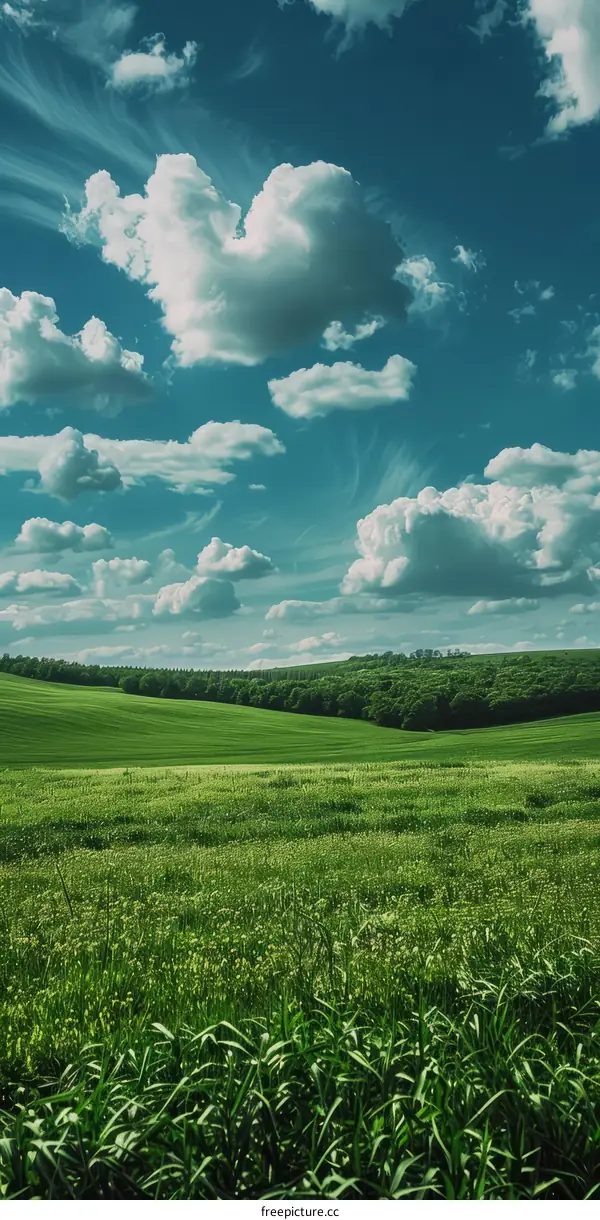 Green rolling hills under a blue sky with white clouds