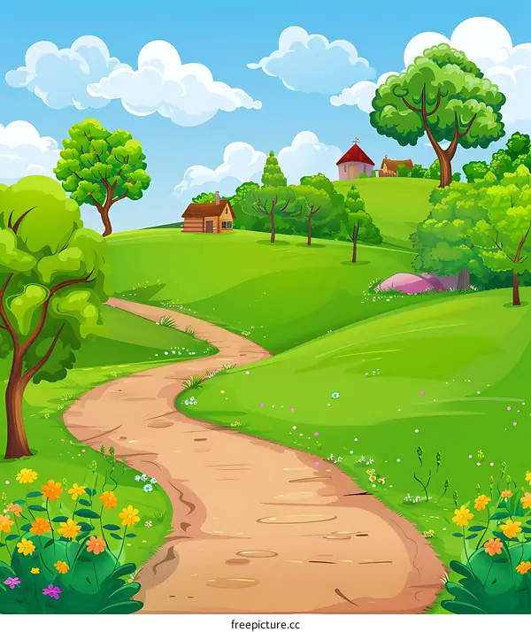 Winding Road Through Green Meadow with Colorful Flowers and Houses in the Background