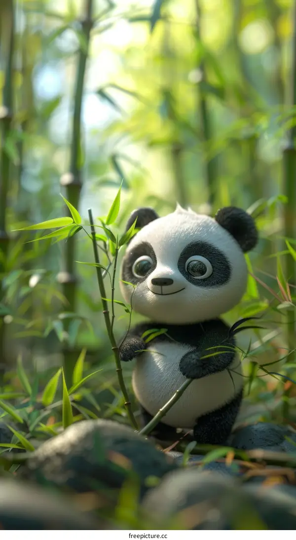 A cute cartoon panda is eating bamboo in a bamboo forest