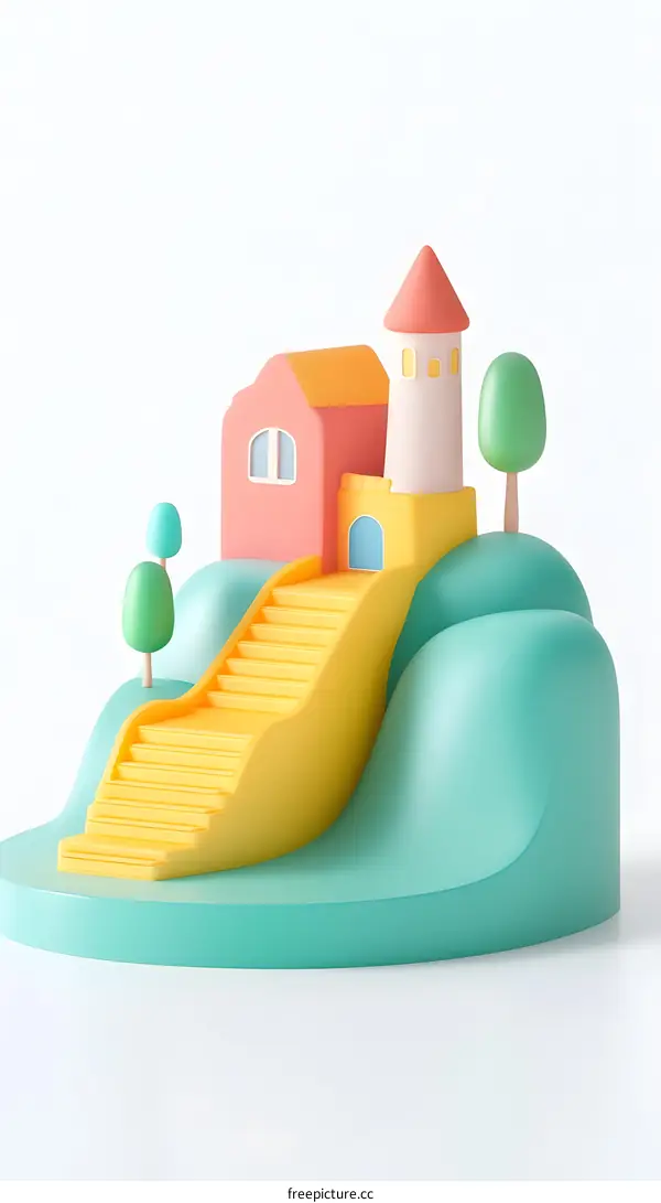 3D Cartoon Illustration of a House on a Hill with a Yellow Staircase