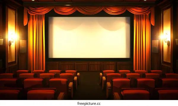 Empty Movie Theater with Red Seats and Large Screen