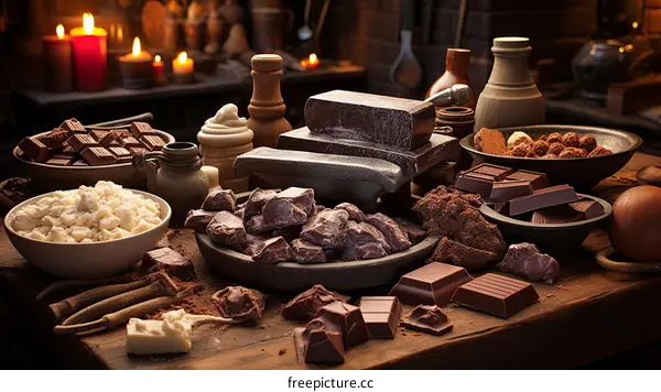 A variety of chocolate bars and cocoa beans on a wooden table