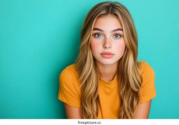 Teenage Girl with Long Blond Hair in a Mustard Yellow Shirt