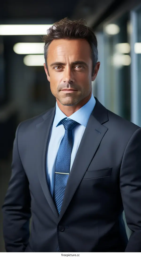 A portrait of a businessman wearing a suit and tie