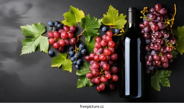 Still life of red and blue grapes with a bottle of red wine